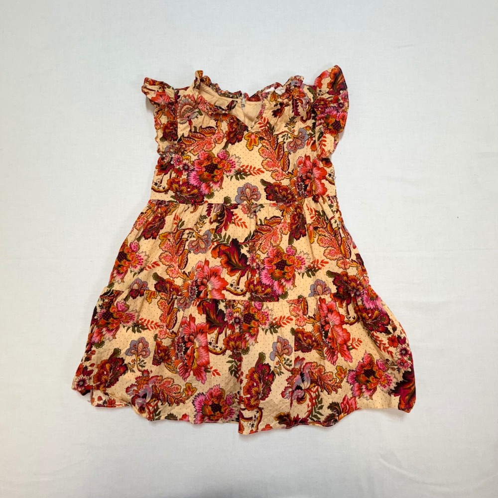 A Loves A Girls Floral Tiered Cotton Dress Ruffle Sleeve Peach Multi Size 5 - Picture 2 of 7